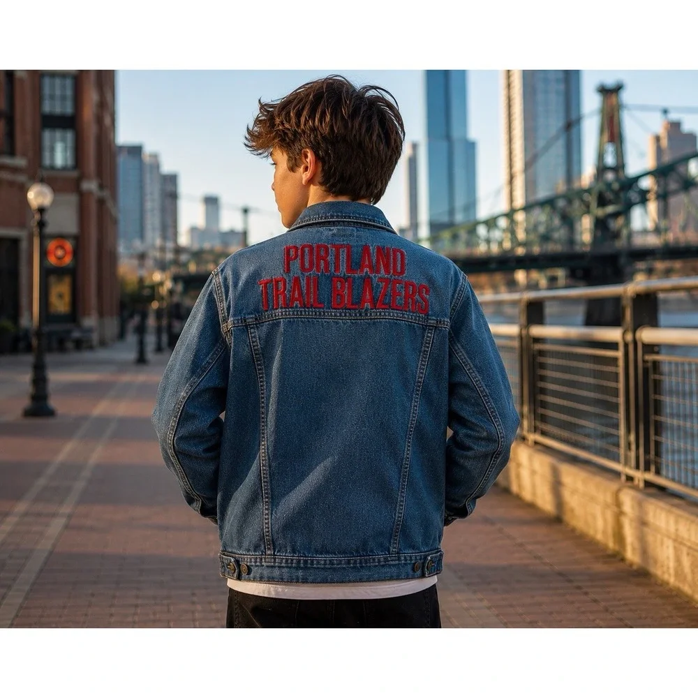 NBA Portland Trail Blazers Youth Denim Jacket Sz L 14 B Embroidered Trucker NWT
